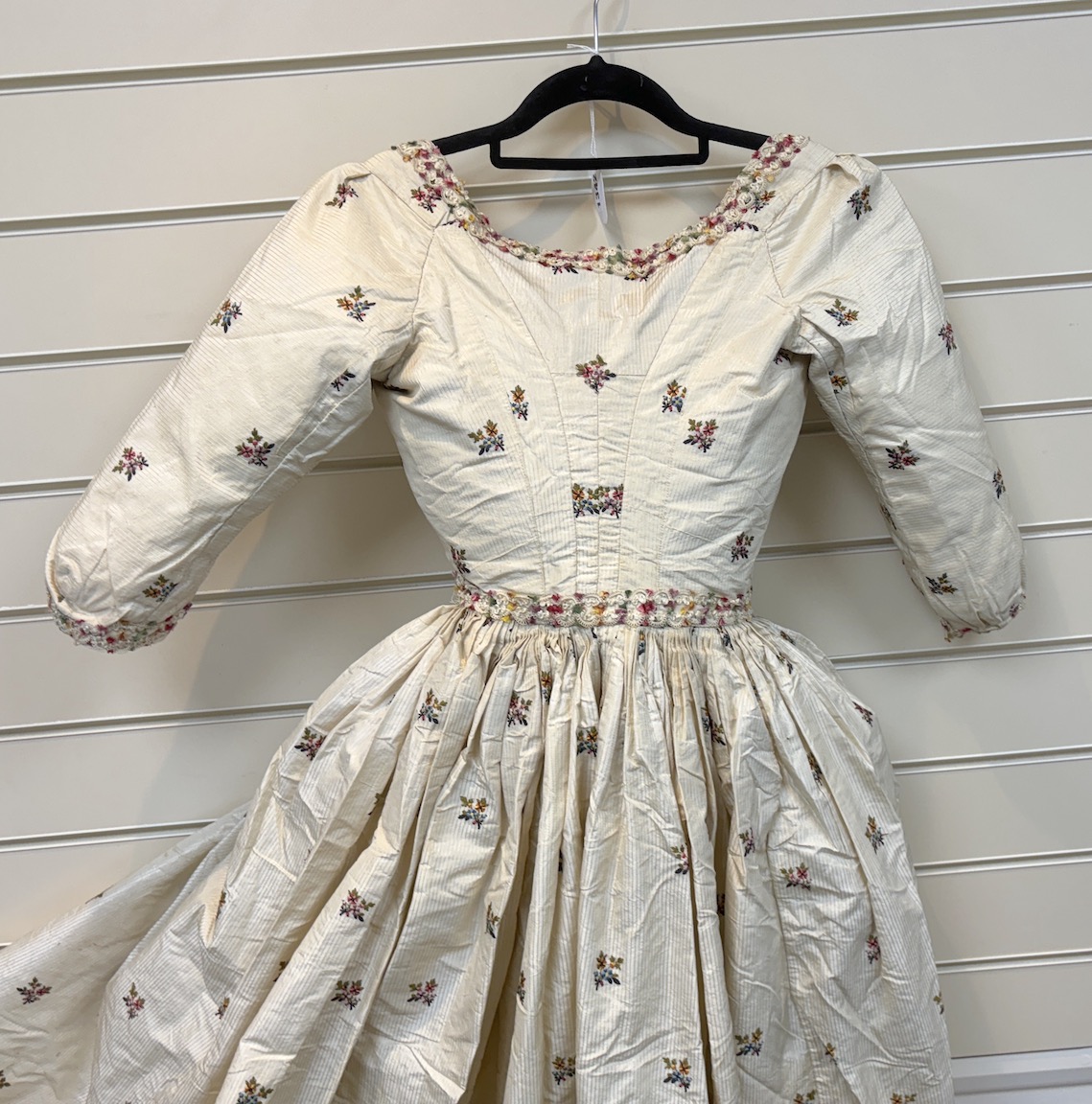 A rare 18th century, possibly Spitalfields, cream silk ladies dress, circa 1770-1780, made in the English style